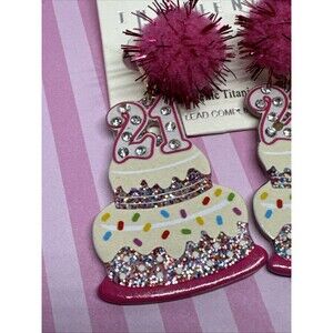 Funky 21st Birthday Cake Earrings Glitter Pom Pom Statement Jewelry
